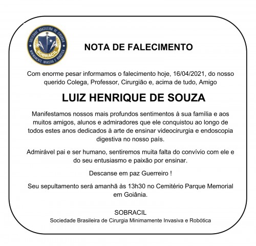 Nota de falecimento - Luiz Henrique de Souza